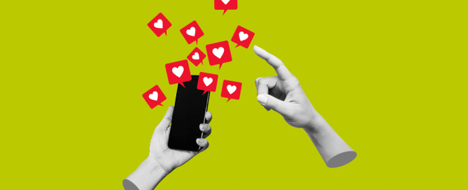 two black and white floating hands holding a phone with social hearts floating around